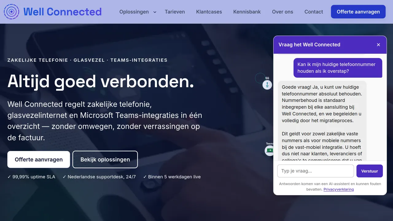 Schermafdruk van de chatwidget op de demowebsite van Well Connected, met een vraag over nummerbehoud